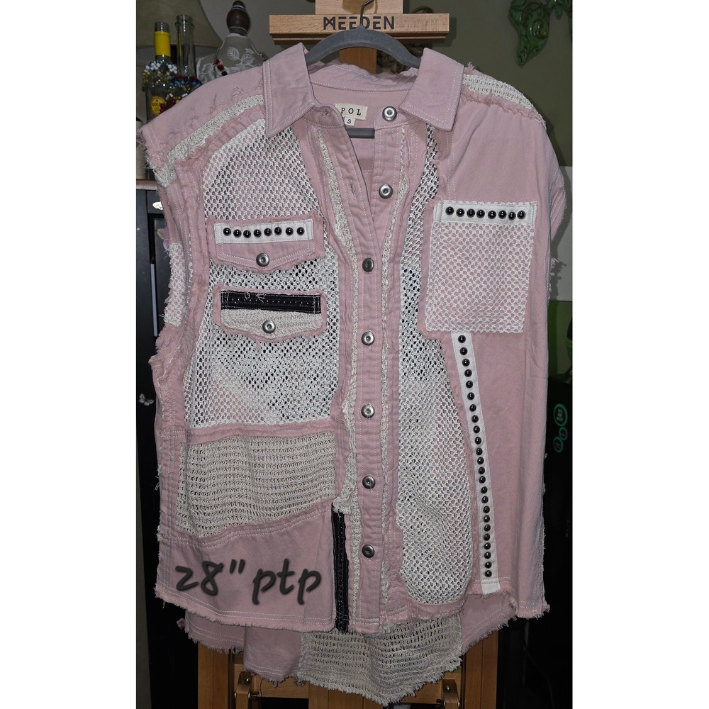 POL Pink Denim Mixed Media Crochet Mesh Patchwork Studded Vest Small